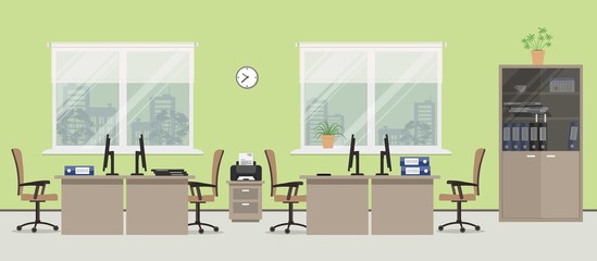 Office room in a green color. There are tables, beige chairs, case for documents, printer and other objects in the picture. Vector flat illustration