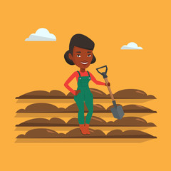 Poster - Farmer with shovel at field vector illustration.