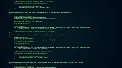 Showing a flow of source code text (instructions for a computer program) on a PC screen. Green characters, black background.

