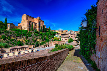 Wall Mural - View of Siena and Basilica of San Domenico (Basilica Cateriniana) is basilica church in Siena, Tuscany, Italy, one of the most important of Siena.