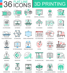 Poster - Vector 3D printing technology flat line outline icons for apps and web design. 3D printing icon.