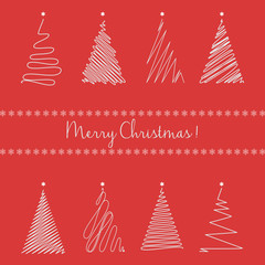 Christmas trees set. Hand drawing line graphic christmas tree on the red background.