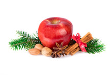 Red Apple With Christmas Spices On White. Apple Rustic Still Life.