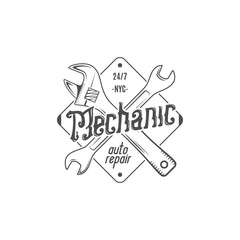vintage label design. mechanic auto repair patch in old style with tools. use for station, car servi
