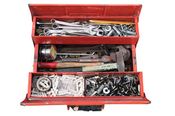 Old red toolbox with tools on white background, clipping path in