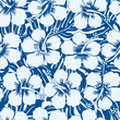 Graphic navy and white tropical flowers seamless pattern