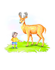 Wall Mural - Boy near a reindeer