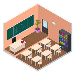 Canvas Print - Interior Classroom with Furniture Isometric View. Vector