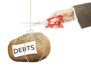 Man wants to cut a rope on which hangs heavy stone with debts. Getting rid of arrears