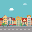 The street with facades of old buildings. Seamless pattern