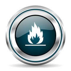 Fototapete - Fire vector icon. Chrome border round web button. Silver metallic pushbutton.