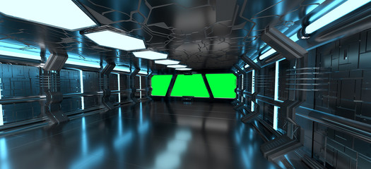 Wall Mural - spaceship blue interior with empty window 3d rendering elements