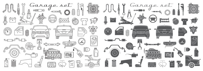 Garage. Vector car parts set outline details. Isolated