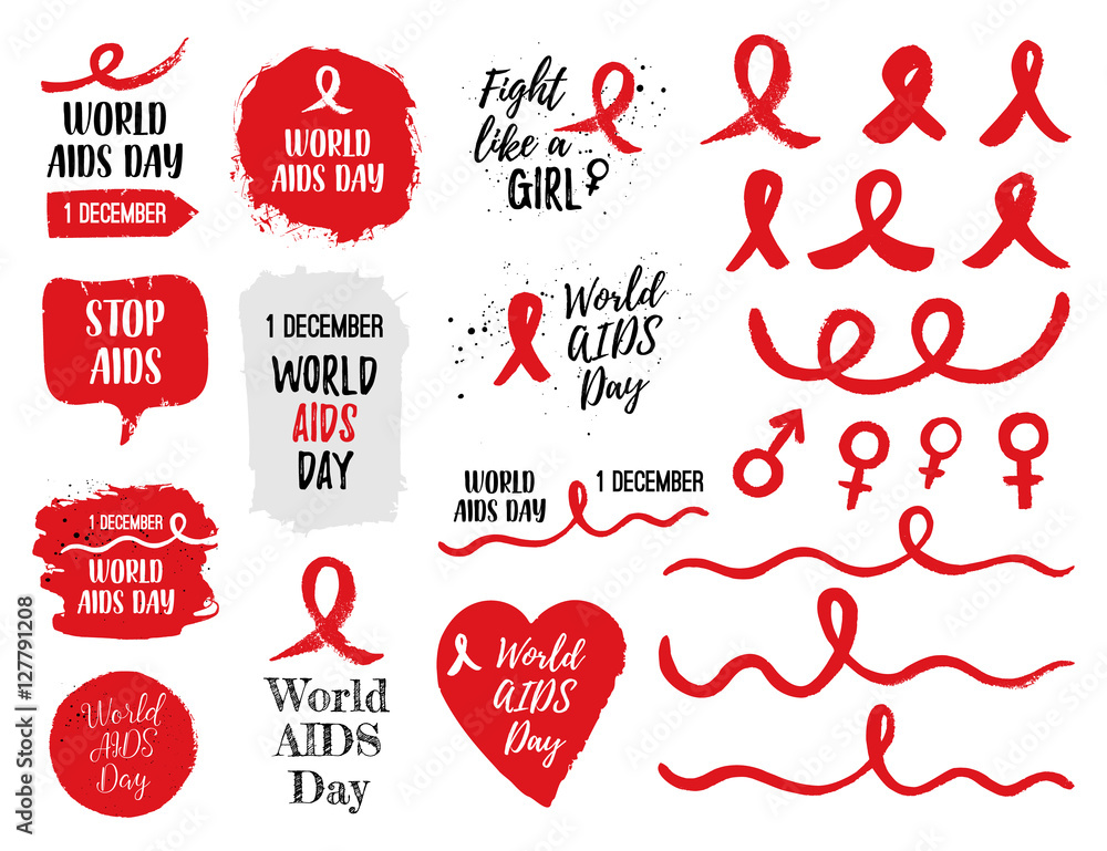 World Aids Day 1 December banner, signs, badges, elements set. Vector concept of aids awareness. Design with text, hand drawn red ribbon, brush strokes, text World AIDS day. - obrazy, fototapety, plakaty 