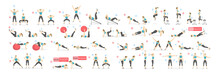 Workout Girl Set. Woman Doing Fitness And Yoga Exercises. Lunges And Squats, Plank And Abc. Full Body Workout.