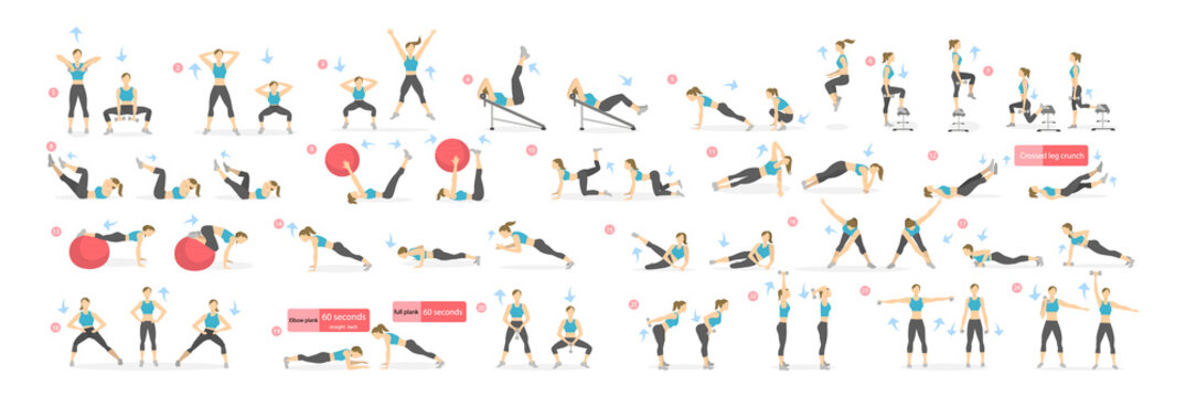 workout girl set. woman doing fitness and yoga exercises. lunges and squats, plank and abc. full bod
