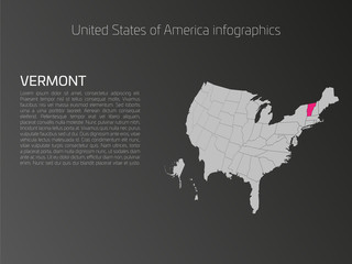 Canvas Print - United States of America, aka USA or US, map infographics template. 3D perspective dark theme with pink highlighted Vermont, state name and text area on the left side.