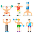 © studioworkstock - Men fitness classes cartoon icons. Young muscular man practice with dumbbells, heavy weights, aerobics vector illustrations isolated on white. Healthy lifestyle, moving activity, bodybuilding