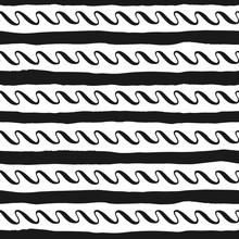 Grunge Seamless Pattern Of Black White Stripes And Waves, Seamless Background Grunge Monochrome Lines And Wavy Stripes, Hand Drawn Vector Pattern For Textile, Wallpaper, Web, Wrapping, Fabric, Paper