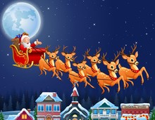 Santa Claus Riding His Reindeer Sleigh Flying Over Town

