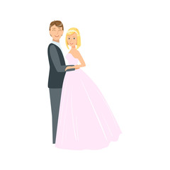 Sticker - Bride With Short Blond Hair And Groom Newlywed Couple In Traditional Wedding Dress And Suit Smiling And Posing For Photo