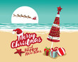 Merry Christmas and a Happy New Year in a warm climate design background. Santa Claus delivers gifts over a Beach umbrella with Christmas lights and Christmas gifts.