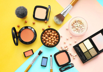 Poster - Set of decorative cosmetics on color background