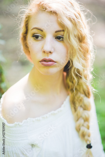 Portrait Of Young Beautiful Caucasian Blonde Hair Woman Outdoor In