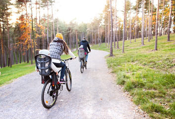 Wall Mural - Young family in warm clothes cycling in autumn park