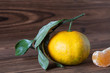Ripe tangerines (mandarins) with leaves and slice on dark wooden background