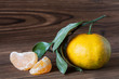 Ripe tangerines (mandarins) with leaves and slices on dark wooden background