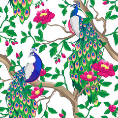 Wall Mural - floral pattern with peacock and pink flowers.
