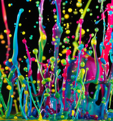 Wall Mural - Аbstract sculptures of colorful splashes of paint. Dancing liquid on a black background. Ink water splash. Color explosion.