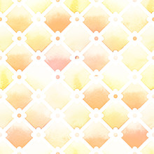 Wilton Trellis Pattern With Quatrefoil Of Yellow Colors On White Background. Watercolor Seamless Pattern