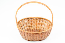 Empty Wooden Woven Fruit Or Bread Basket On White Background. Wicker Basket. Plaited Container. Pink/red Color. Top, Side View. 