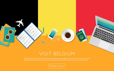 Wall Mural - Visit Belgium concept for your web banner or print materials. Top view of a laptop, sunglasses and coffee cup on Belgium national flag. Flat style travel planninng website header.