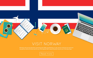 Wall Mural - Visit Norway concept for your web banner or print materials. Top view of a laptop, sunglasses and coffee cup on Norway national flag. Flat style travel planninng website header.