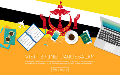 Wall Mural - Visit Brunei Darussalam concept for your web banner or print materials. Top view of a laptop, sunglasses and coffee cup on Brunei Darussalam national flag. Flat style travel planninng website header.