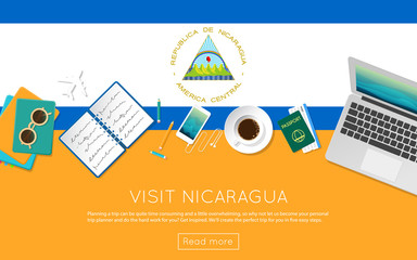 Wall Mural - Visit Nicaragua concept for your web banner or print materials. Top view of a laptop, sunglasses and coffee cup on Nicaragua national flag. Flat style travel planninng website header.