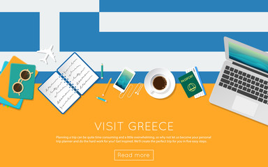 Wall Mural - Visit Greece concept for your web banner or print materials. Top view of a laptop, sunglasses and coffee cup on Greece national flag. Flat style travel planninng website header.