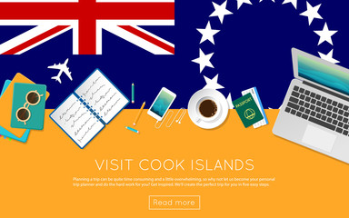 Wall Mural - Visit Cook Islands concept for your web banner or print materials. Top view of a laptop, sunglasses and coffee cup on Cook Islands national flag. Flat style travel planninng website header.