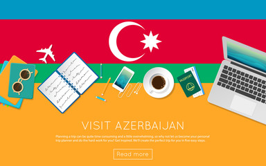 Wall Mural - Visit Azerbaijan concept for your web banner or print materials. Top view of a laptop, sunglasses and coffee cup on Azerbaijan national flag. Flat style travel planninng website header.