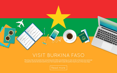 Wall Mural - Visit Burkina Faso concept for your web banner or print materials. Top view of a laptop, sunglasses and coffee cup on Burkina Faso national flag. Flat style travel planninng website header.