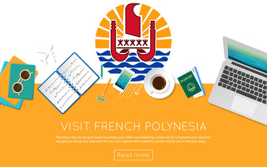 Wall Mural - Visit French Polynesia concept for your web banner or print materials. Top view of a laptop, sunglasses and coffee cup on French Polynesia national flag. Flat style travel planninng website header.