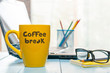 Coffee Break Relaxation Rest Relief Repose Concept. Morning hot drink cup on home or business office background
