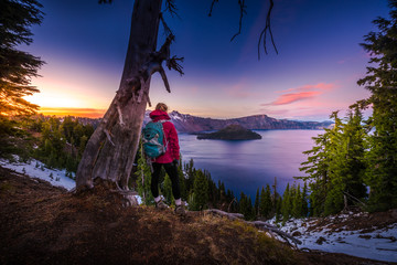 Wall Mural - Tourist looking at Crater Lake Oregon Landscape