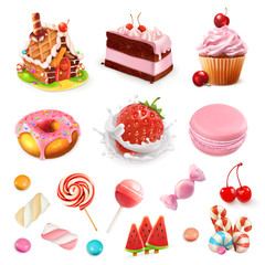 Wall Mural - Confectionery and desserts. Strawberry and milk, cake, cupcake, candy, lollipop. Pink 3d vector icon set