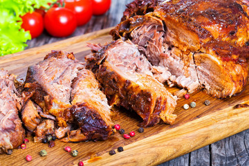 Canvas Print - Big Piece of Slow Cooked Oven-Barbecued Pulled Pork shoulder