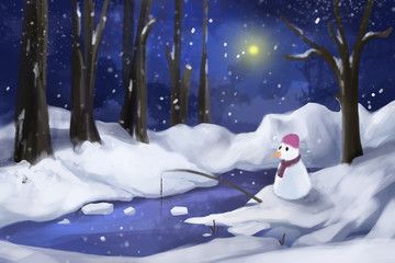 Snow Forest with Snow Man. Video Game's Digital CG Artwork, Concept Illustration, Realistic Cartoon Style Background
