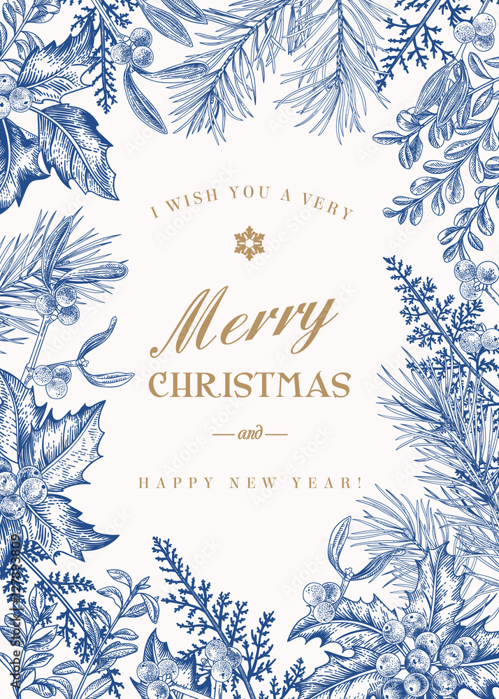 Greeting Christmas card in vintage style. Stock Vector | Adobe Stock